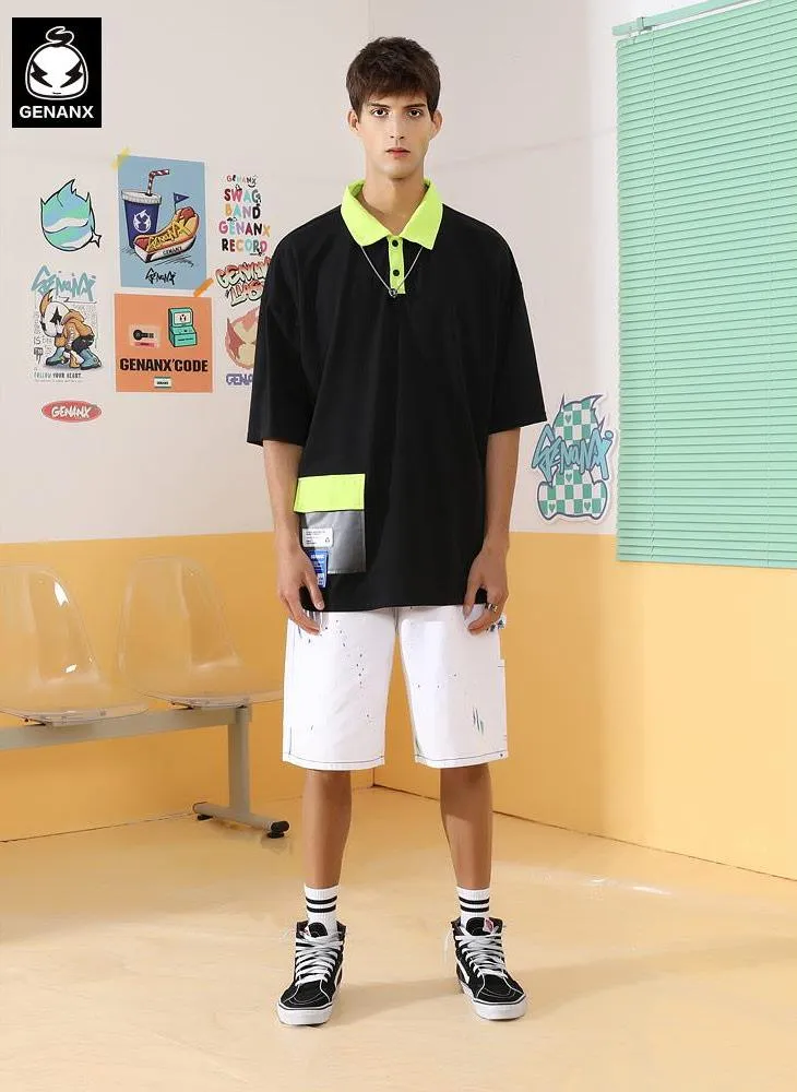 Contrast Color Stitching Print POLO Collar Cotton T-Shirt