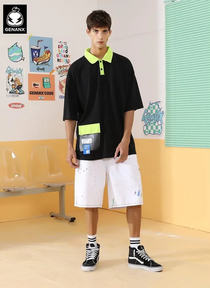 Contrast Color Stitching Print POLO Collar Cotton T-Shirt