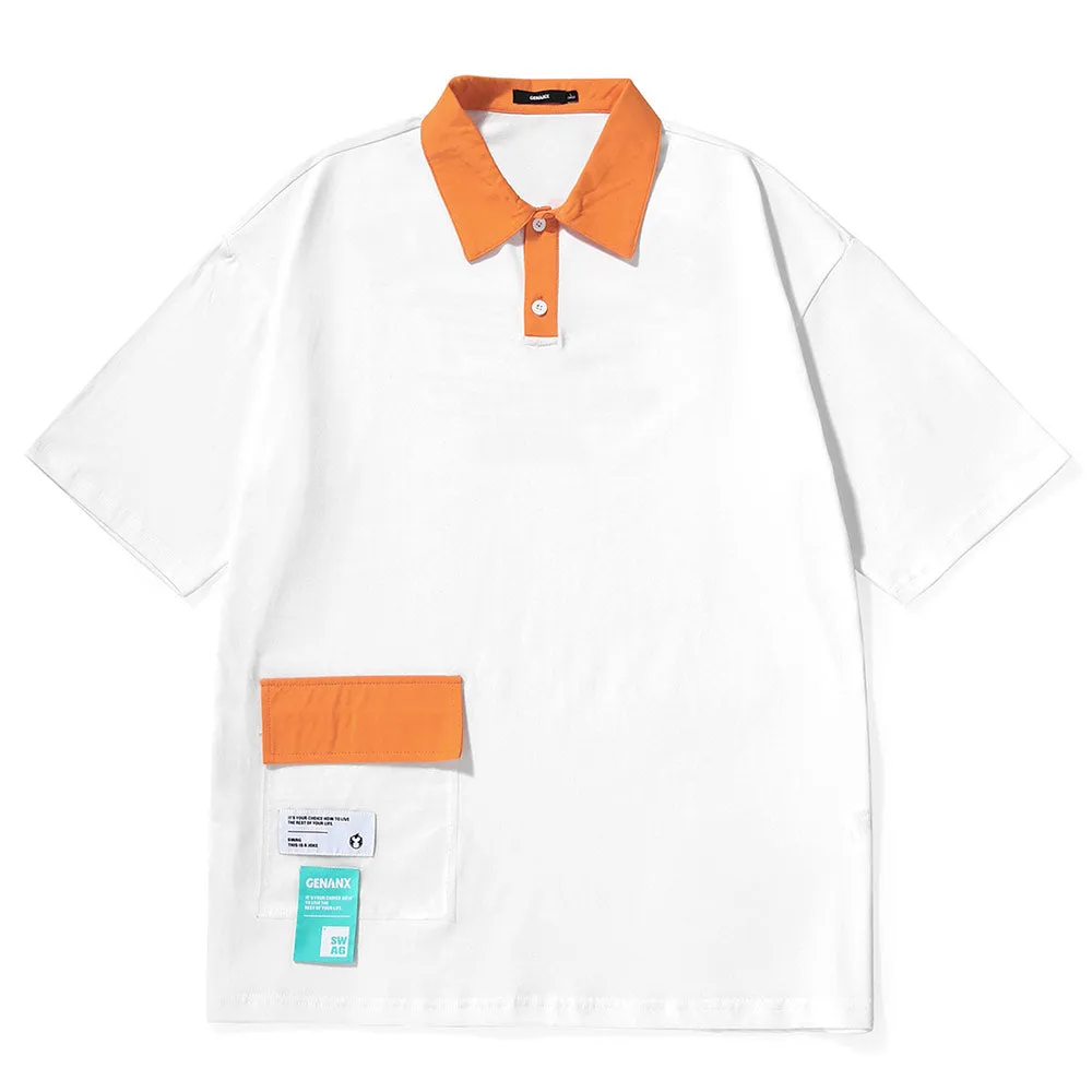 Contrast Color Stitching Print POLO Collar Cotton T-Shirt