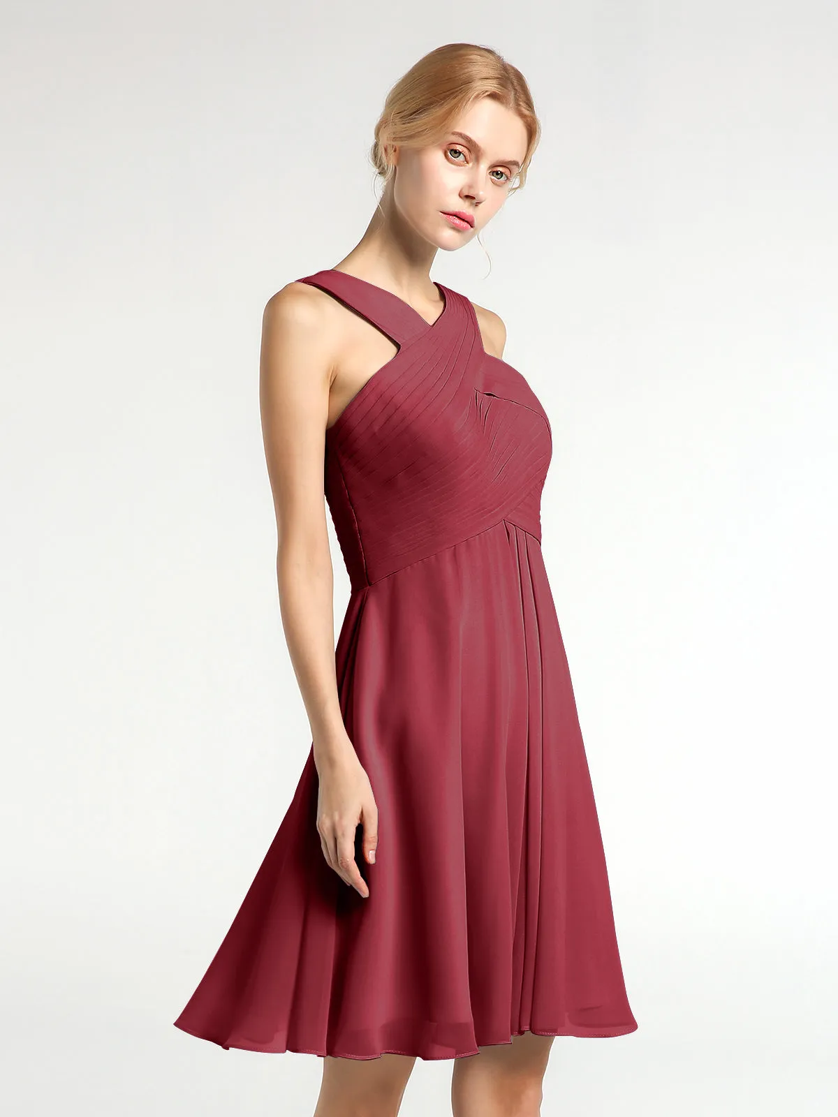Cross Front Empire Waist Short Bridesmaid Dress Burgundy