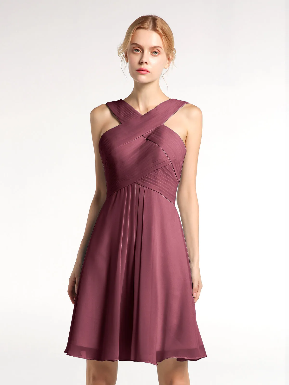 Cross Front Empire Waist Short Bridesmaid Dress Cabernet