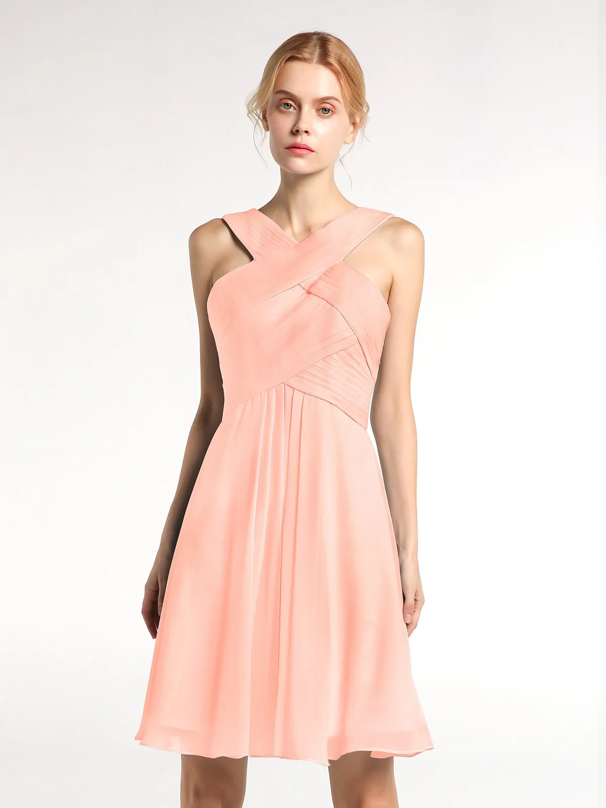 Cross Front Empire Waist Short Bridesmaid Dress Coral