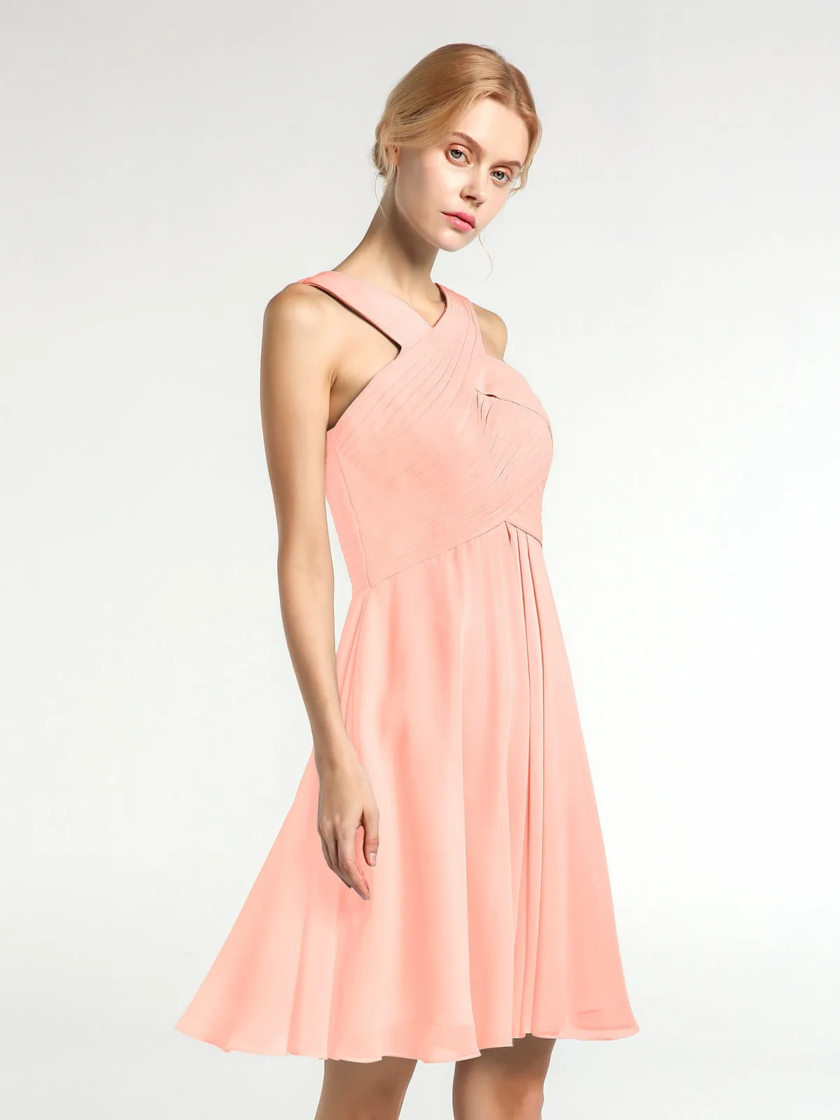 Cross Front Empire Waist Short Bridesmaid Dress Coral