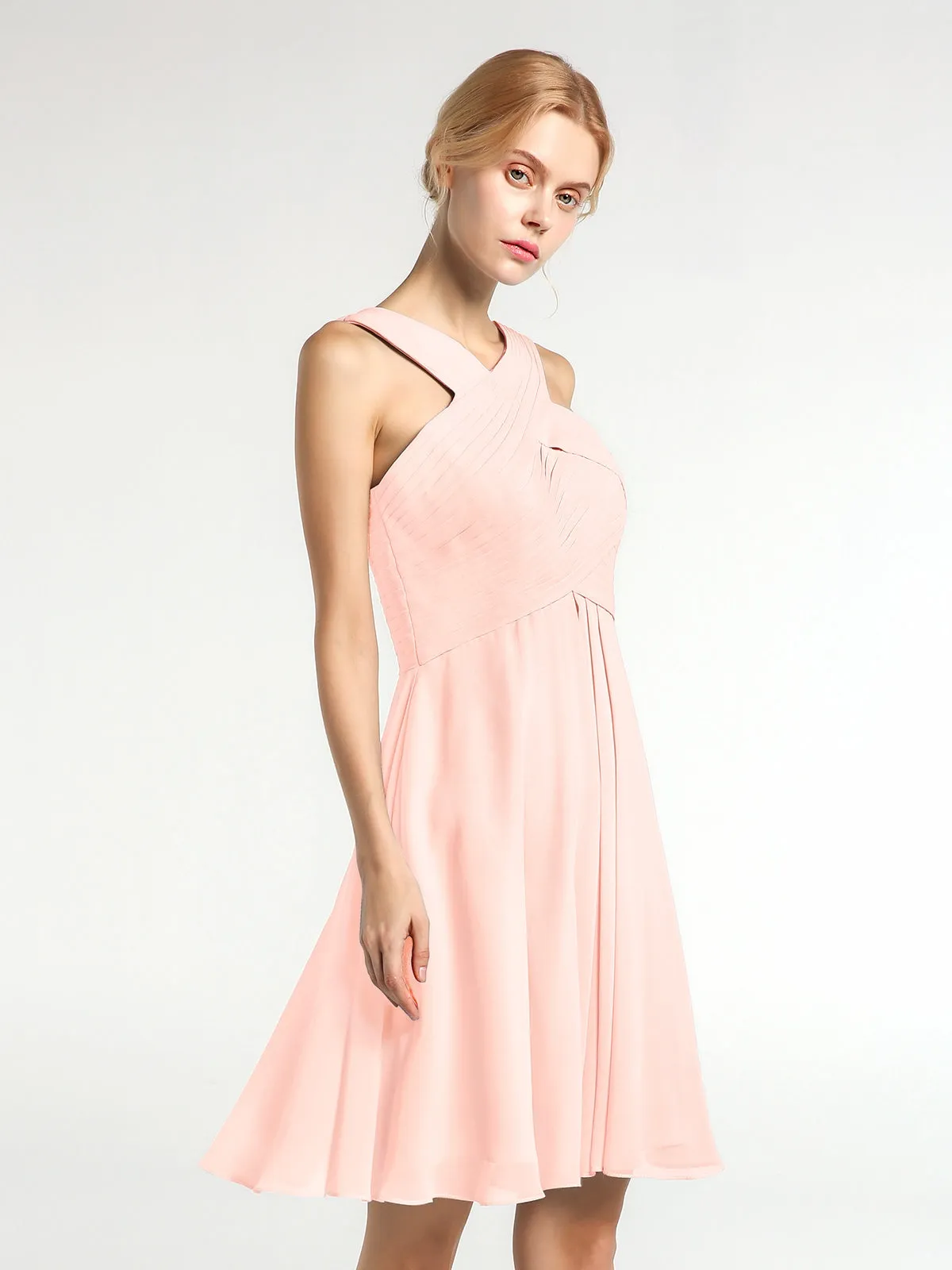 Cross Front Empire Waist Short Bridesmaid Dress Pearl Pink Plus Size