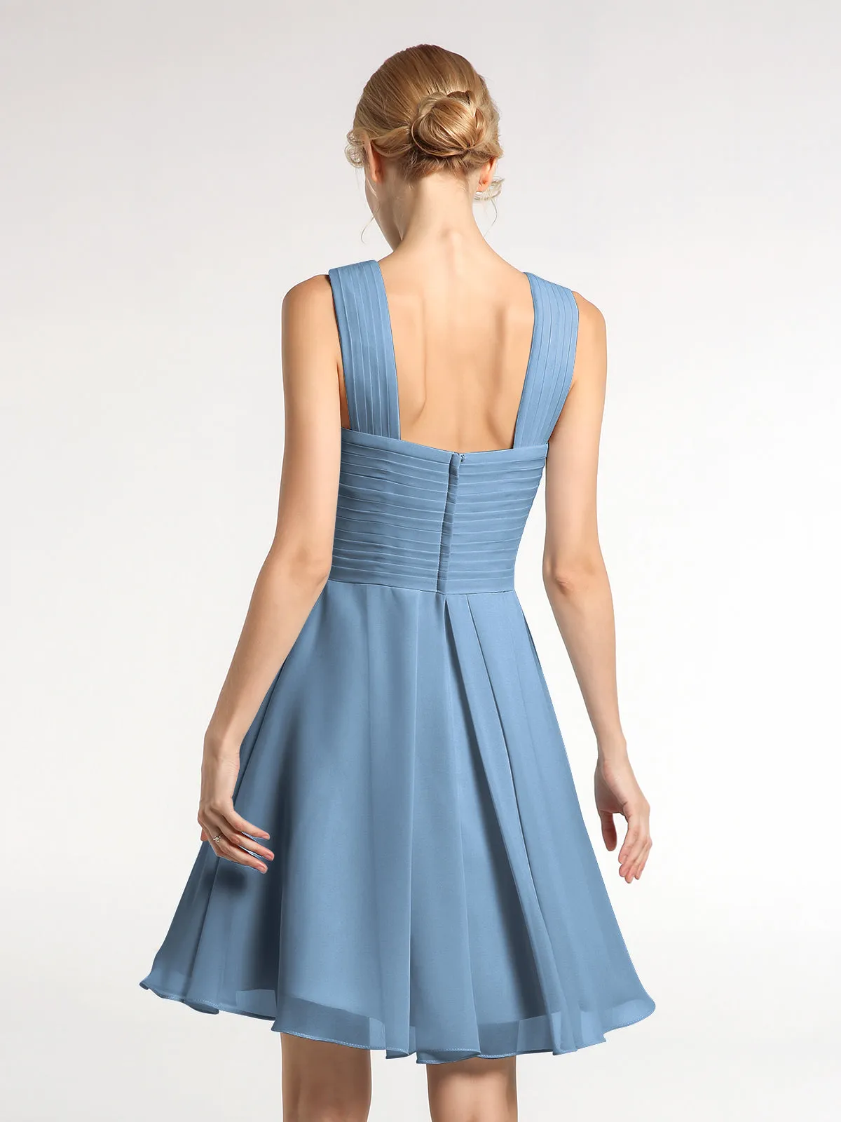 Cross Front Empire Waist Short Bridesmaid Dress Slate Blue