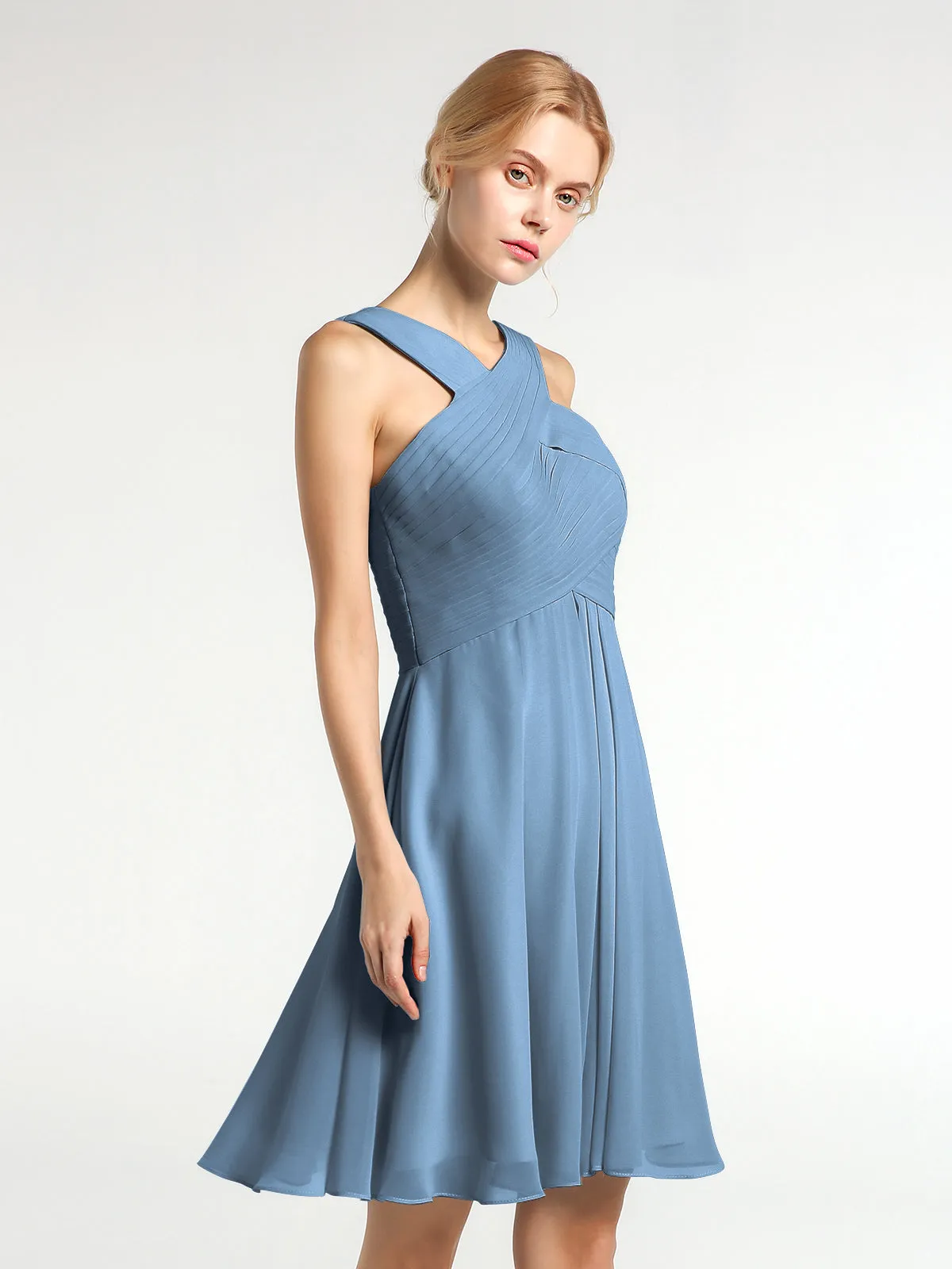 Cross Front Empire Waist Short Bridesmaid Dress Slate Blue
