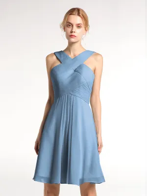 Cross Front Empire Waist Short Bridesmaid Dress Slate Blue