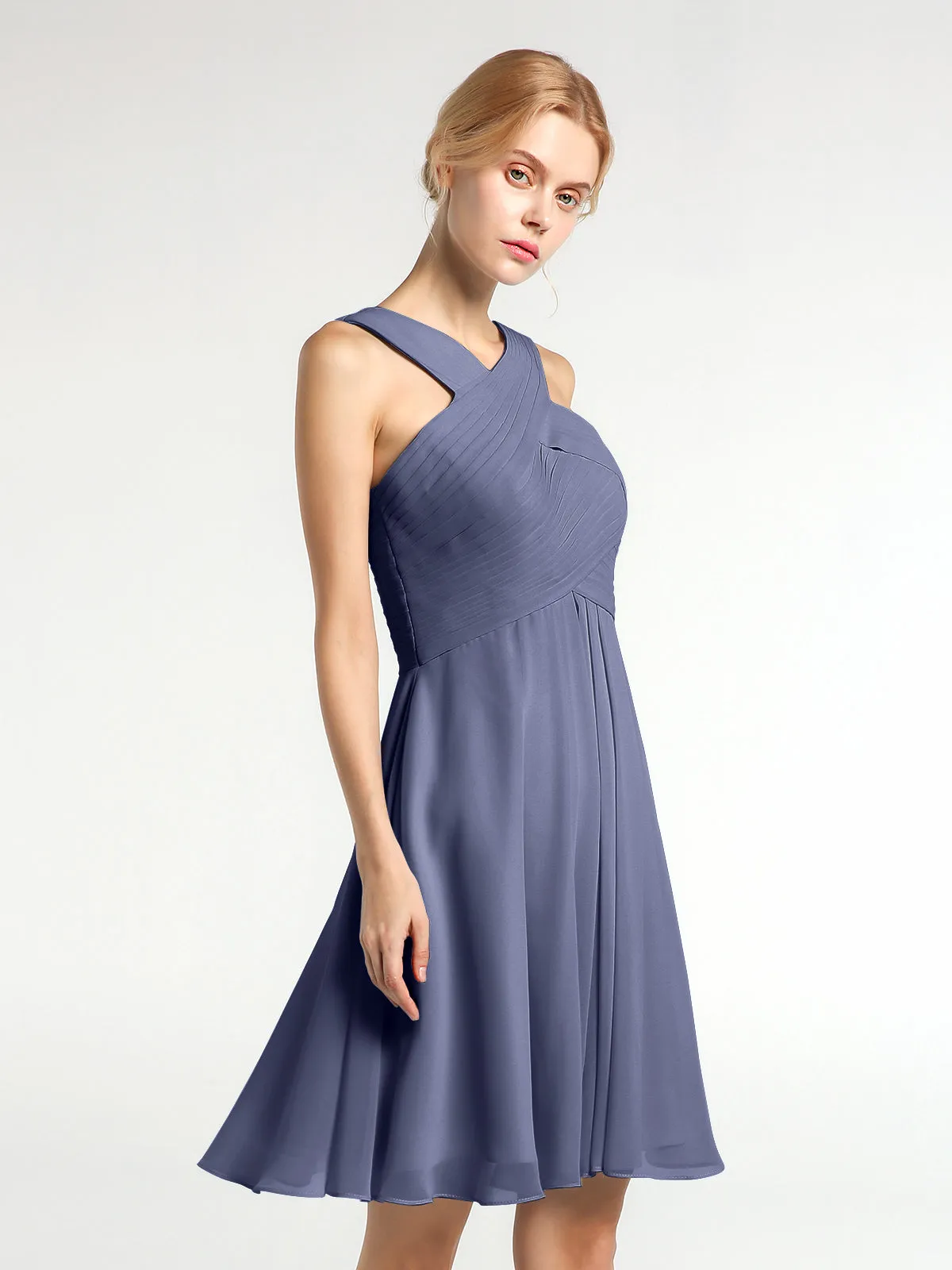 Cross Front Empire Waist Short Bridesmaid Dress Stormy