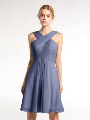 Cross Front Empire Waist Short Bridesmaid Dress Stormy