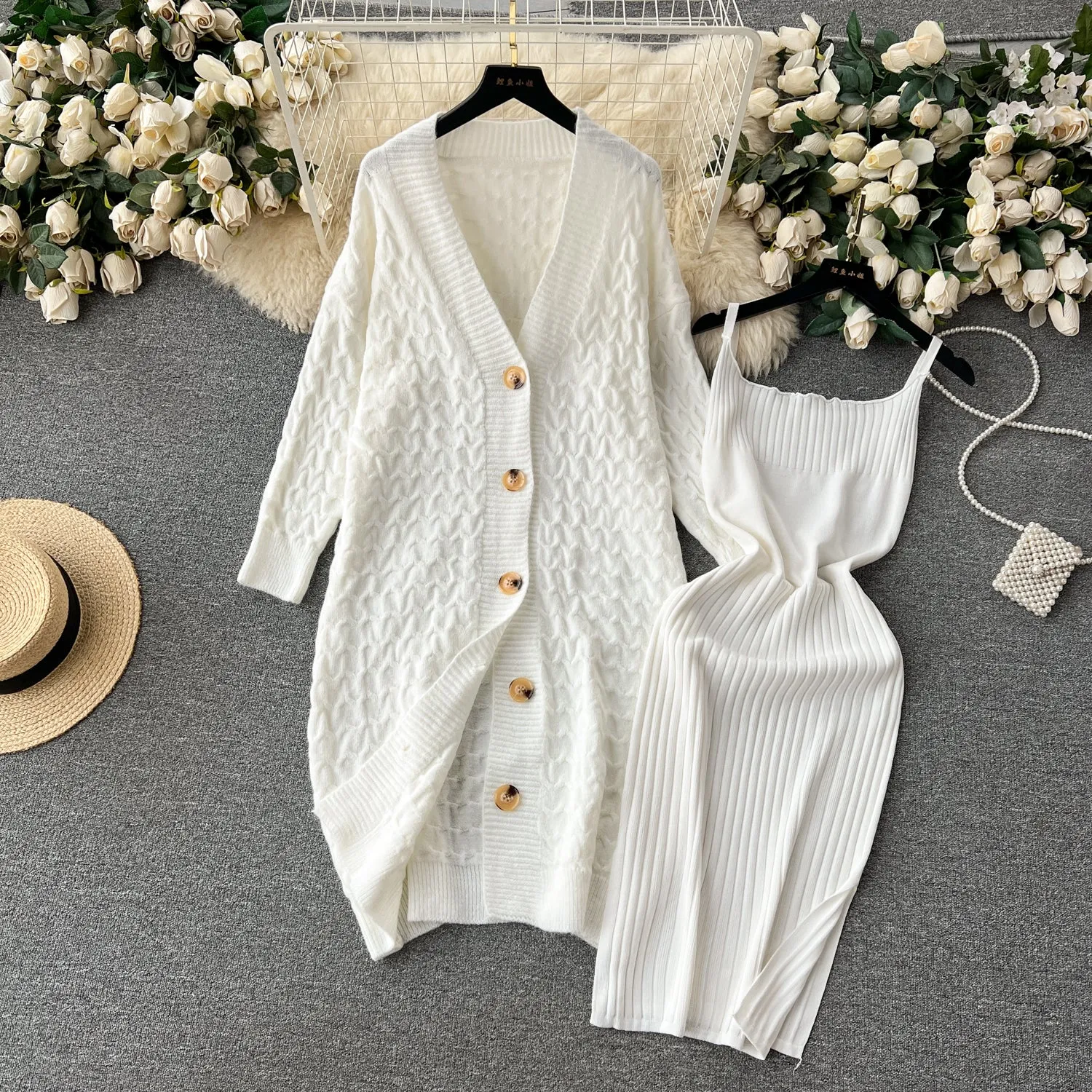 Delicate Twisted Cardigan&Slip Dress 2Pcs