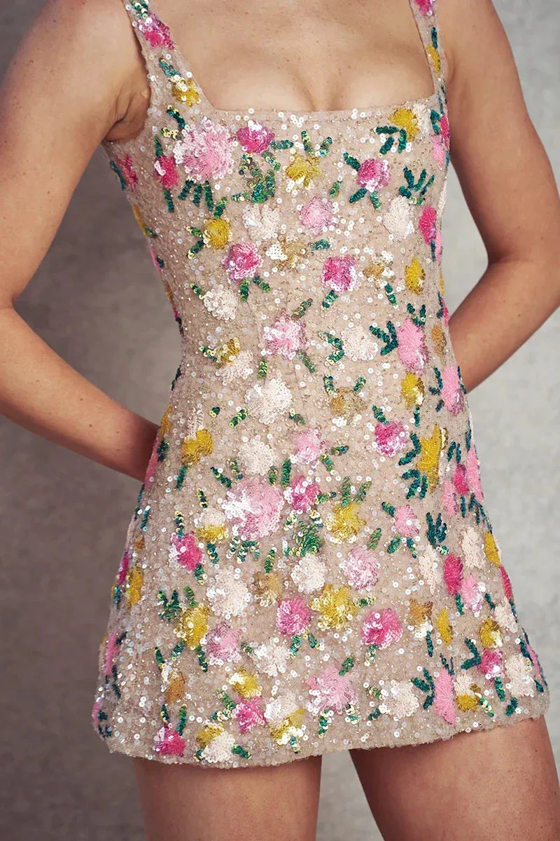 Delicate Wonder Mini Dress - Nude with Floral Sequins