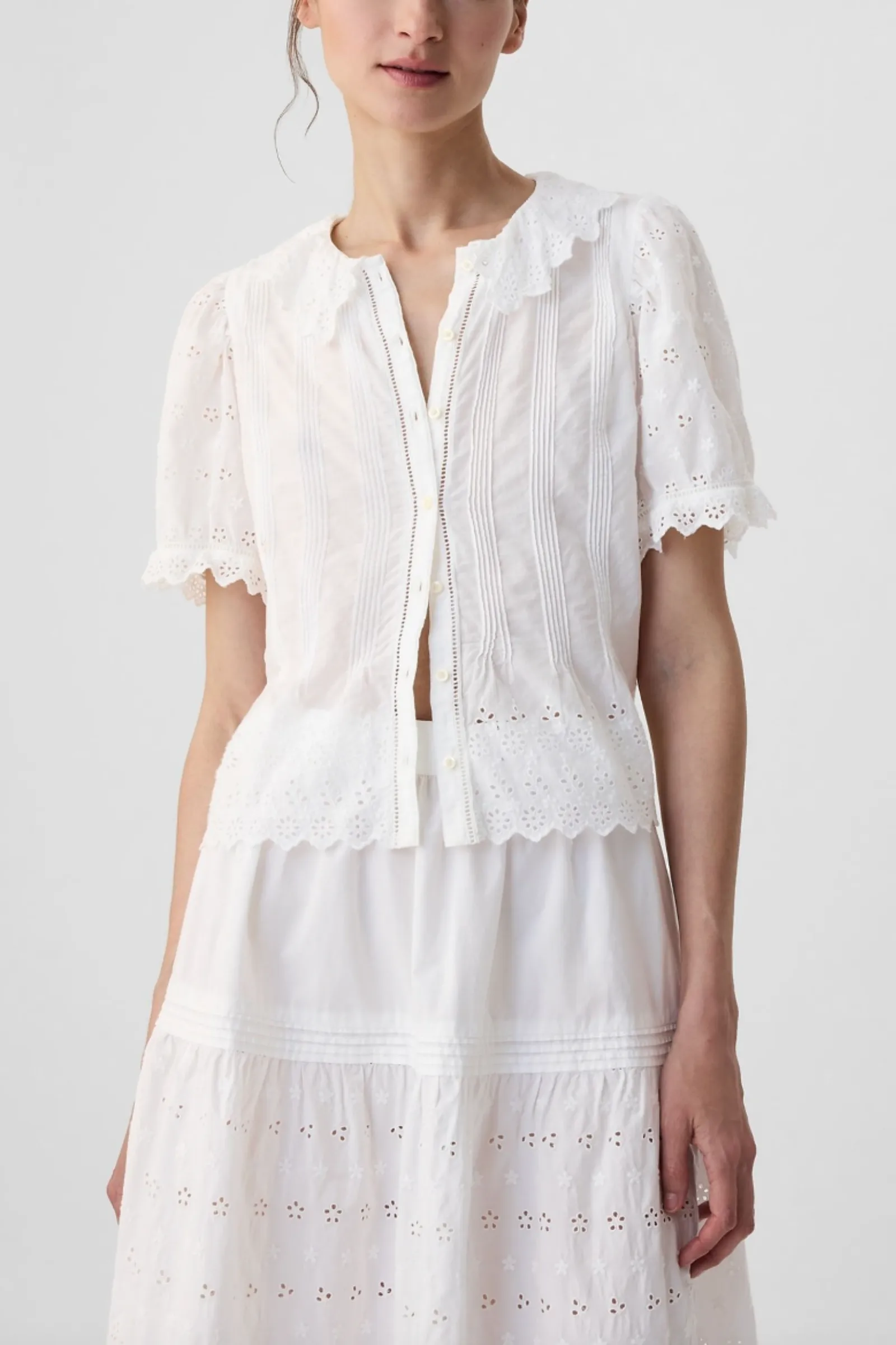 DÔEN Cropped Eyelet Short Sleeve Blouse