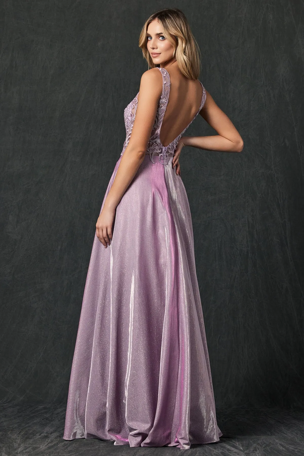 Embroidered bodice long prom dress