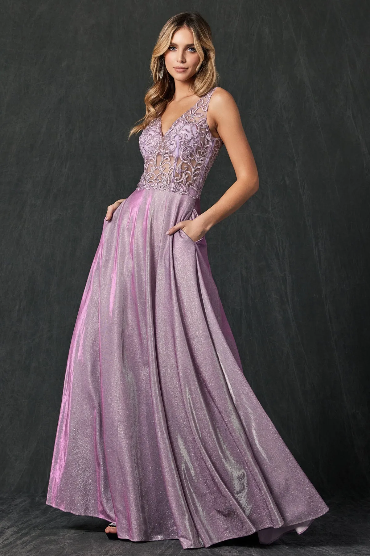 Embroidered bodice long prom dress