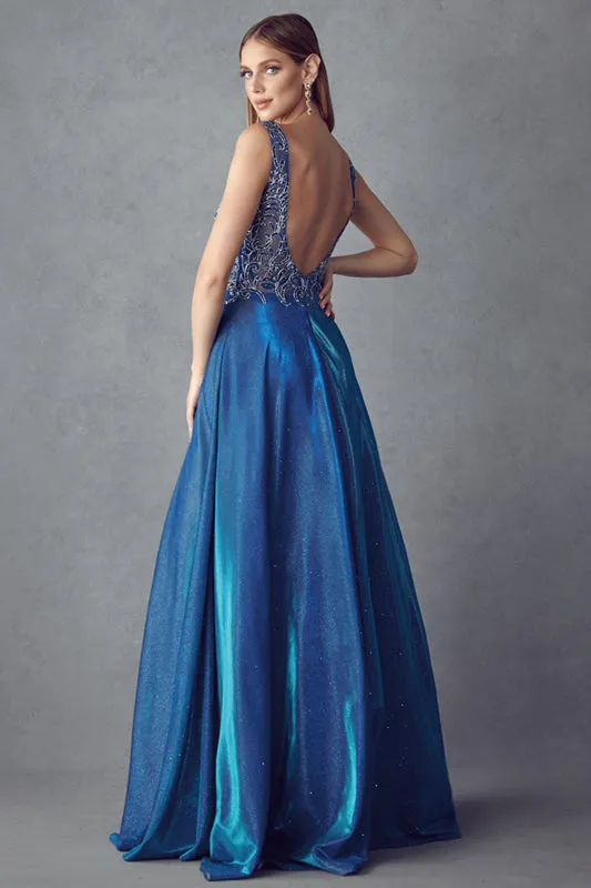 Embroidered bodice long prom dress