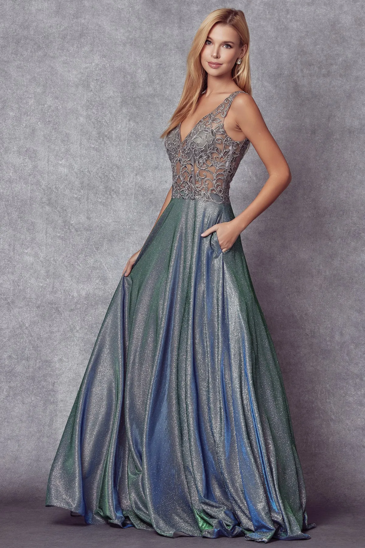 Embroidered bodice long prom dress