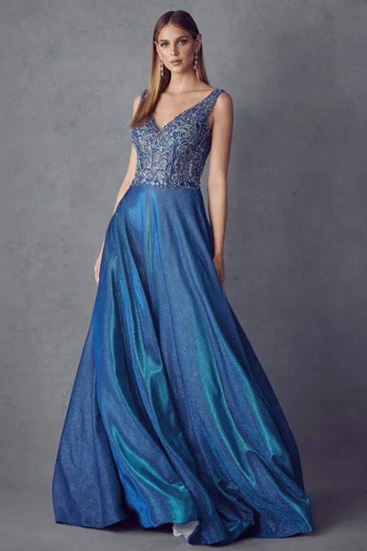 Embroidered bodice long prom dress