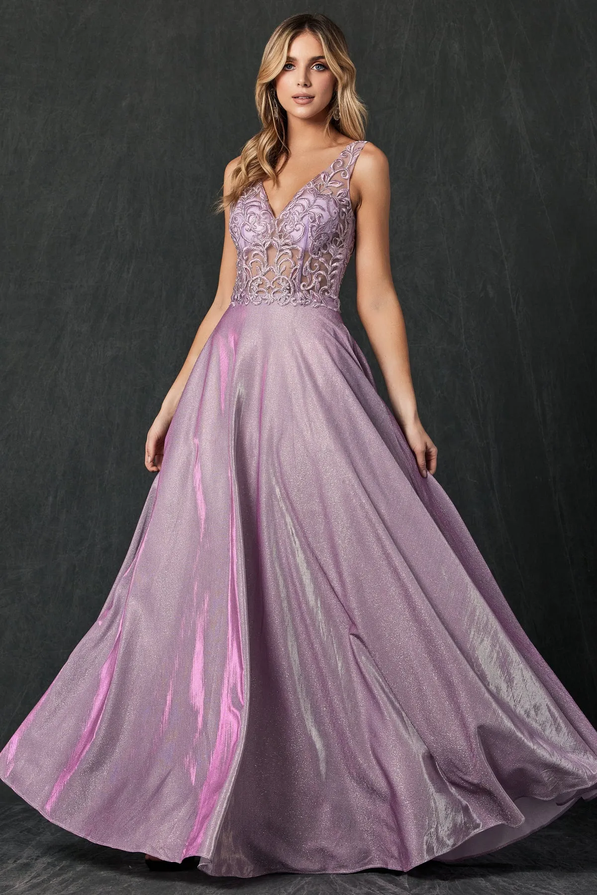 Embroidered bodice long prom dress