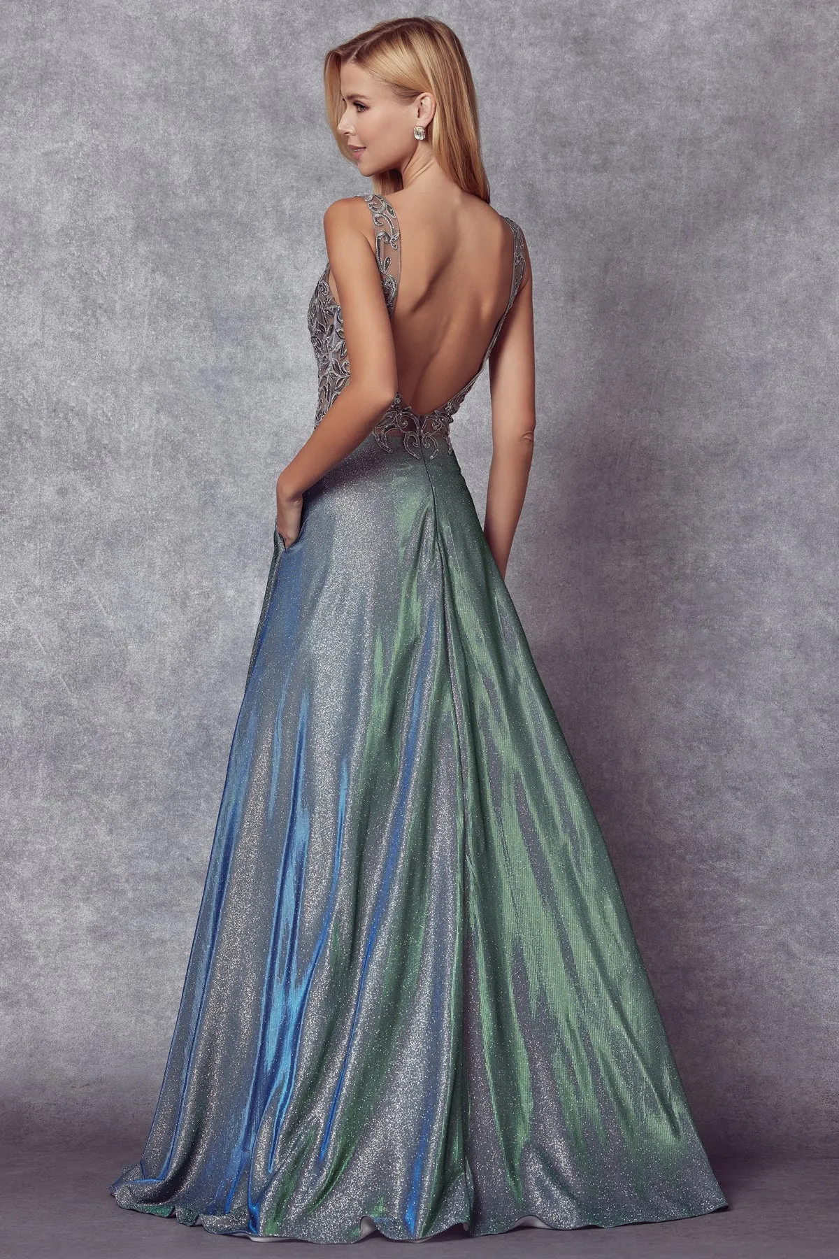 Embroidered bodice long prom dress