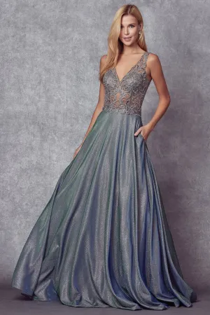 Embroidered bodice long prom dress