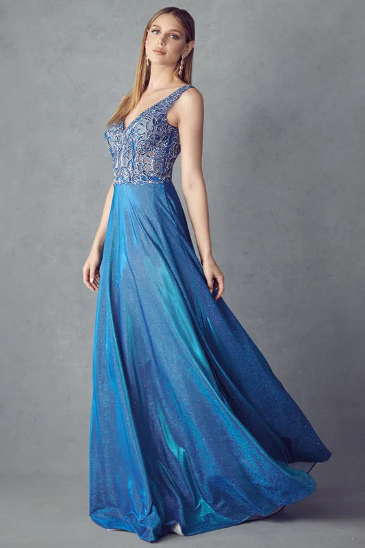 Embroidered bodice long prom dress