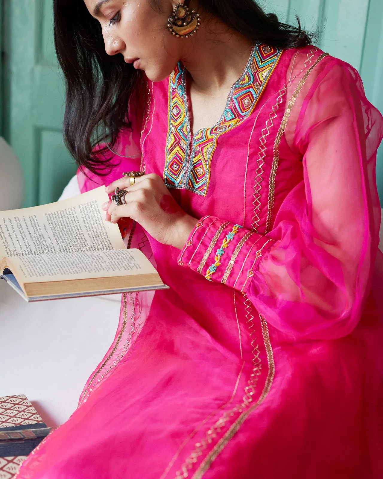 Firdaus Hot Pink A-line organza Set
