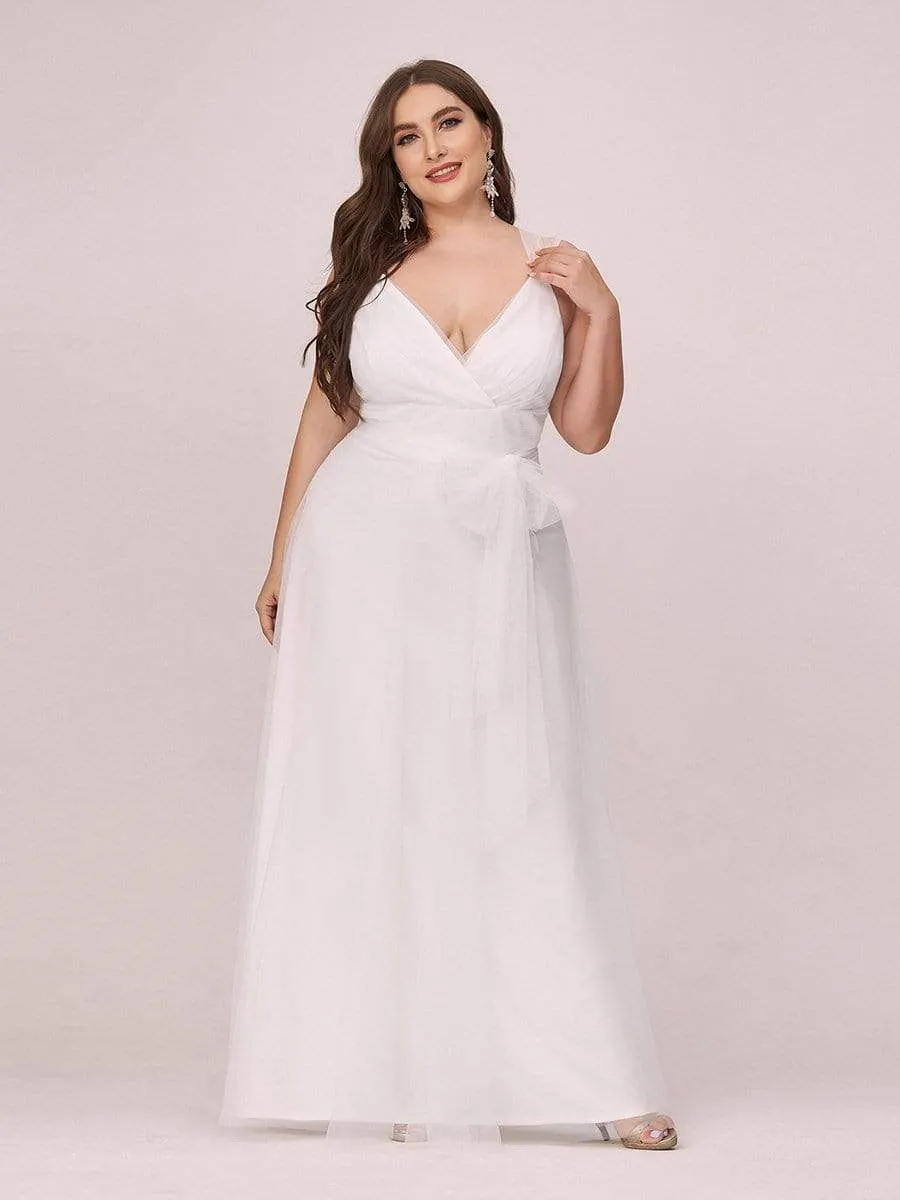 Floor Length Double V Neck Tulle Wedding Dresses