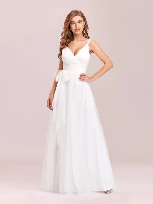 Floor Length Double V Neck Tulle Wedding Dresses
