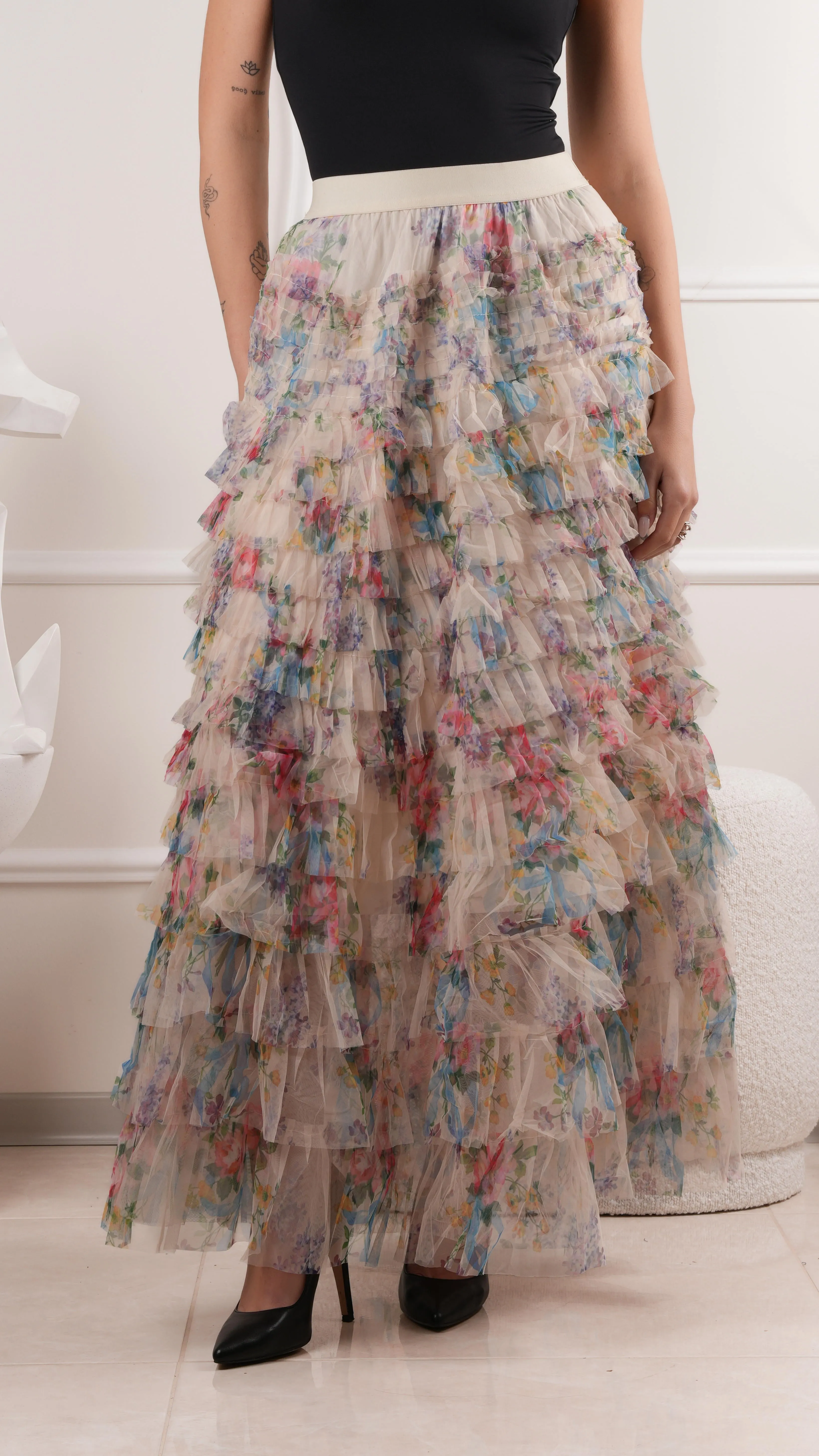 Floral layered ruffle maxi skirt wholesale