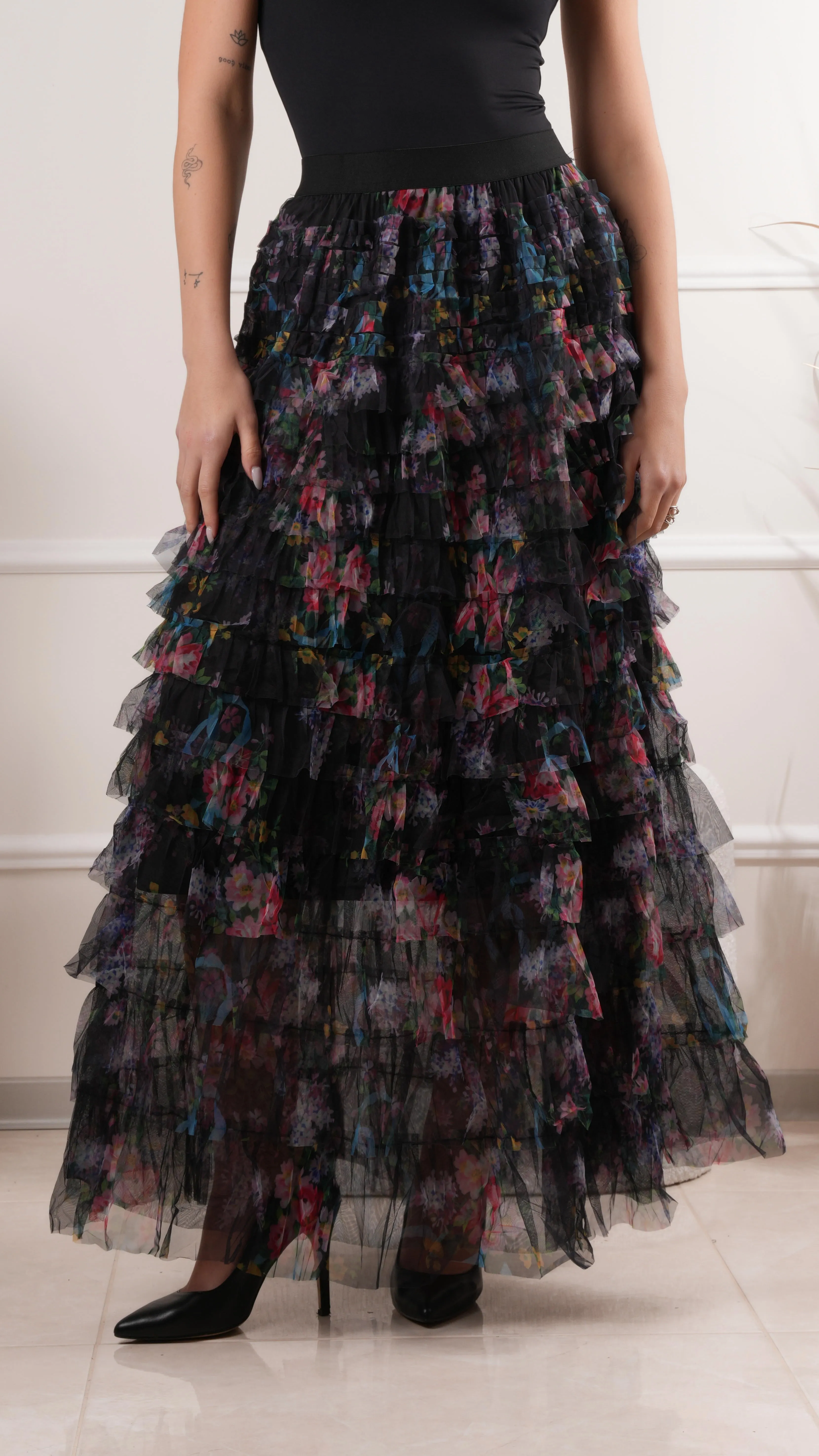 Floral layered ruffle maxi skirt wholesale