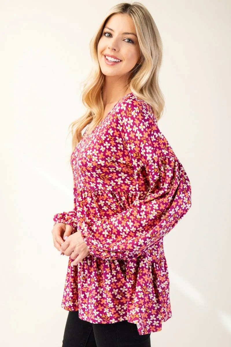Floral V-Neck Balloon Sleeve Blouse
