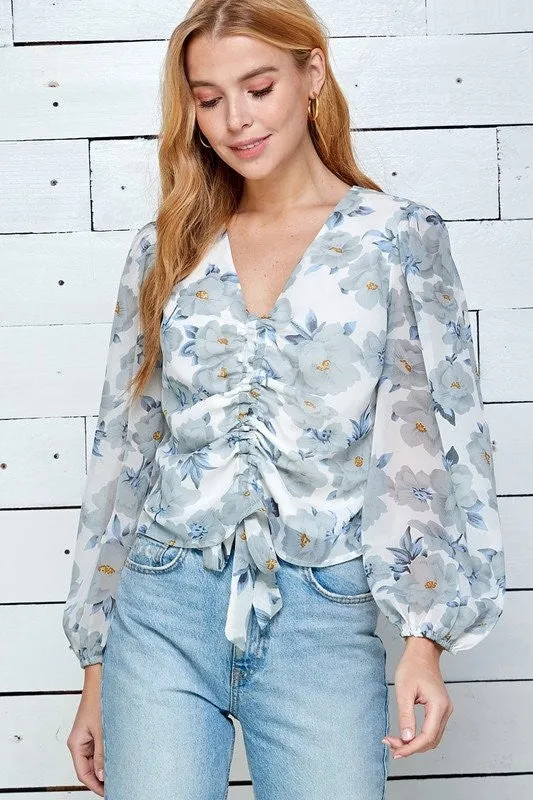 Flower Print Ruched Blouse - White Blue Floral