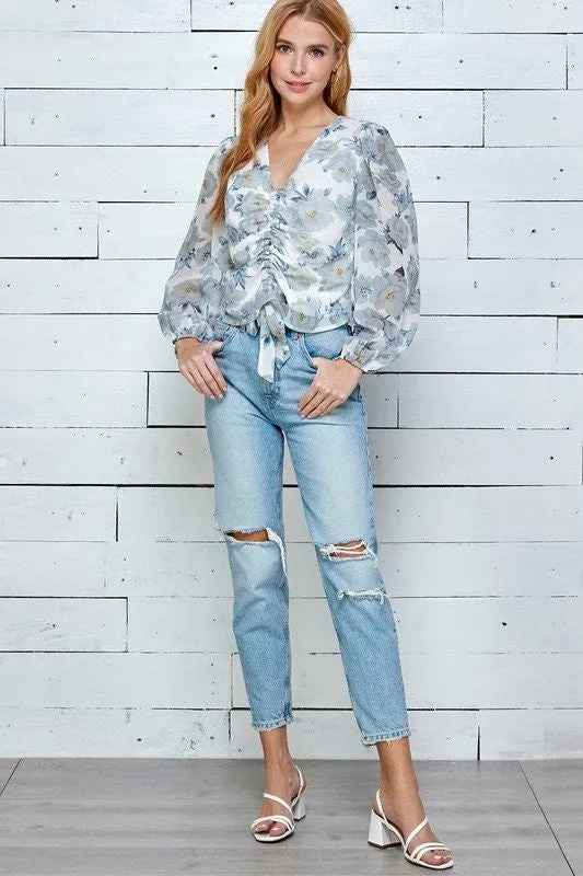 Flower Print Ruched Blouse - White Blue Floral