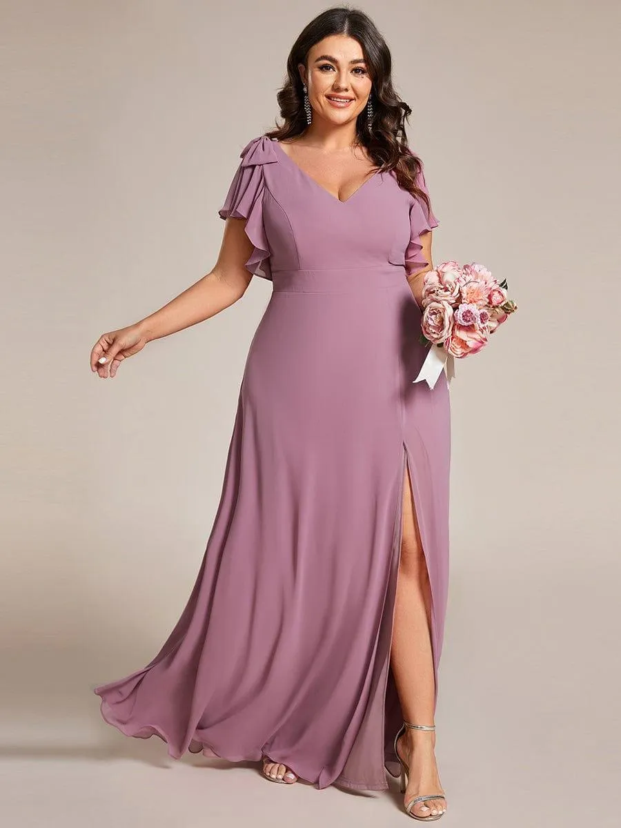 Gloria | Plus Size Split Ruffles Sleeves with Bowknot Double V-neck Chiffon Bridesmaid Dress