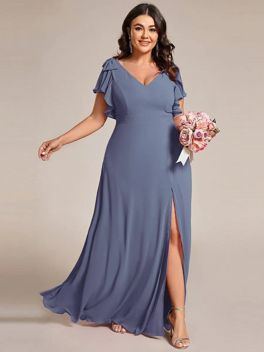 Gloria | Plus Size Split Ruffles Sleeves with Bowknot Double V-neck Chiffon Bridesmaid Dress