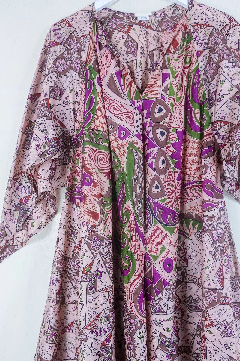Goddess Dress - Dusky Peach Pink Vibrant Print - Indian Pure Silk Sari - Free Size