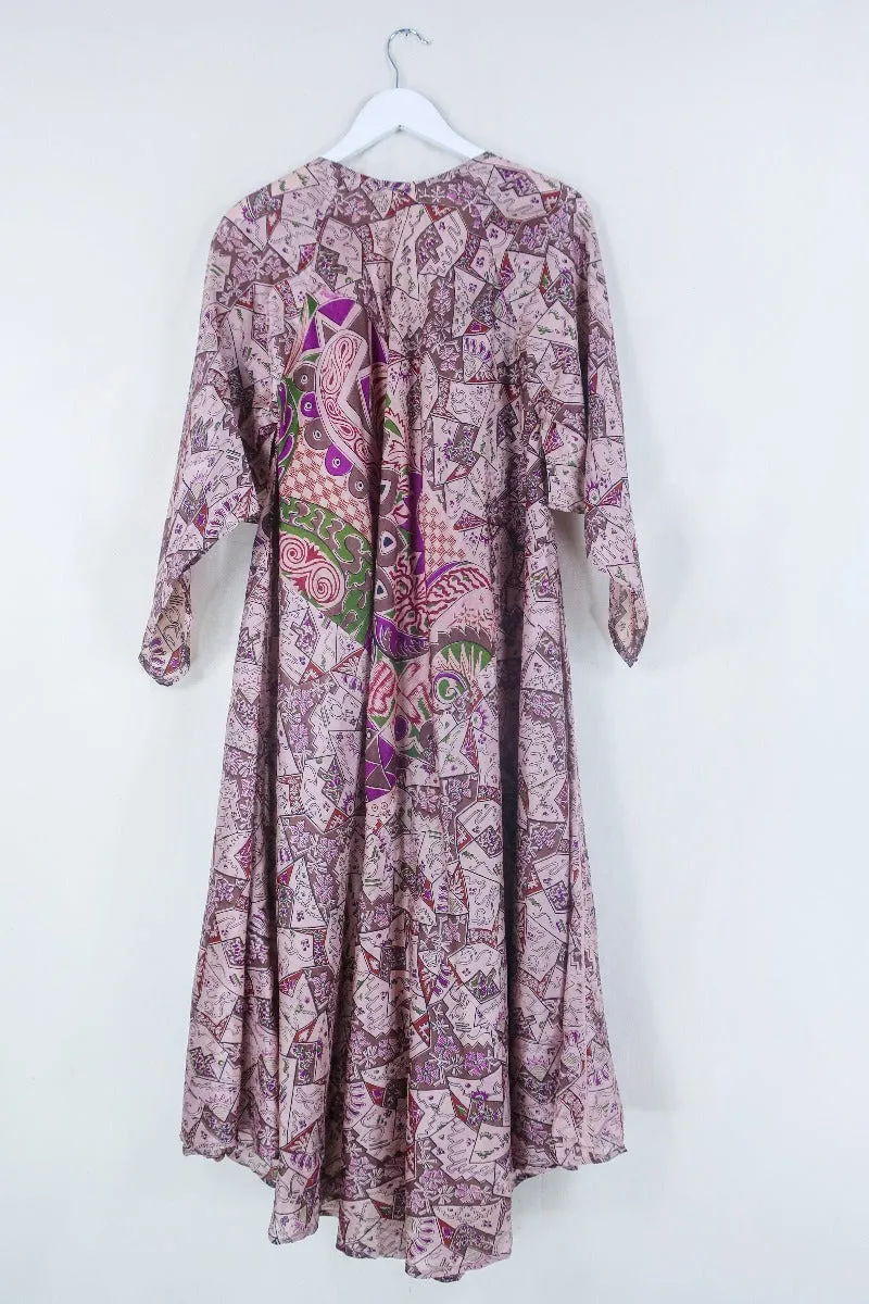 Goddess Dress - Dusky Peach Pink Vibrant Print - Indian Pure Silk Sari - Free Size