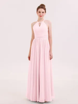 Halter Long Chiffon Dress of Bridesmaids Blushing Pink