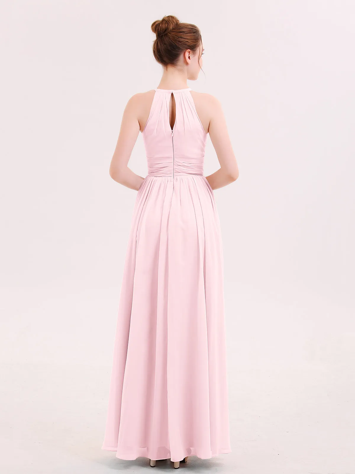 Halter Long Chiffon Dress of Bridesmaids Blushing Pink