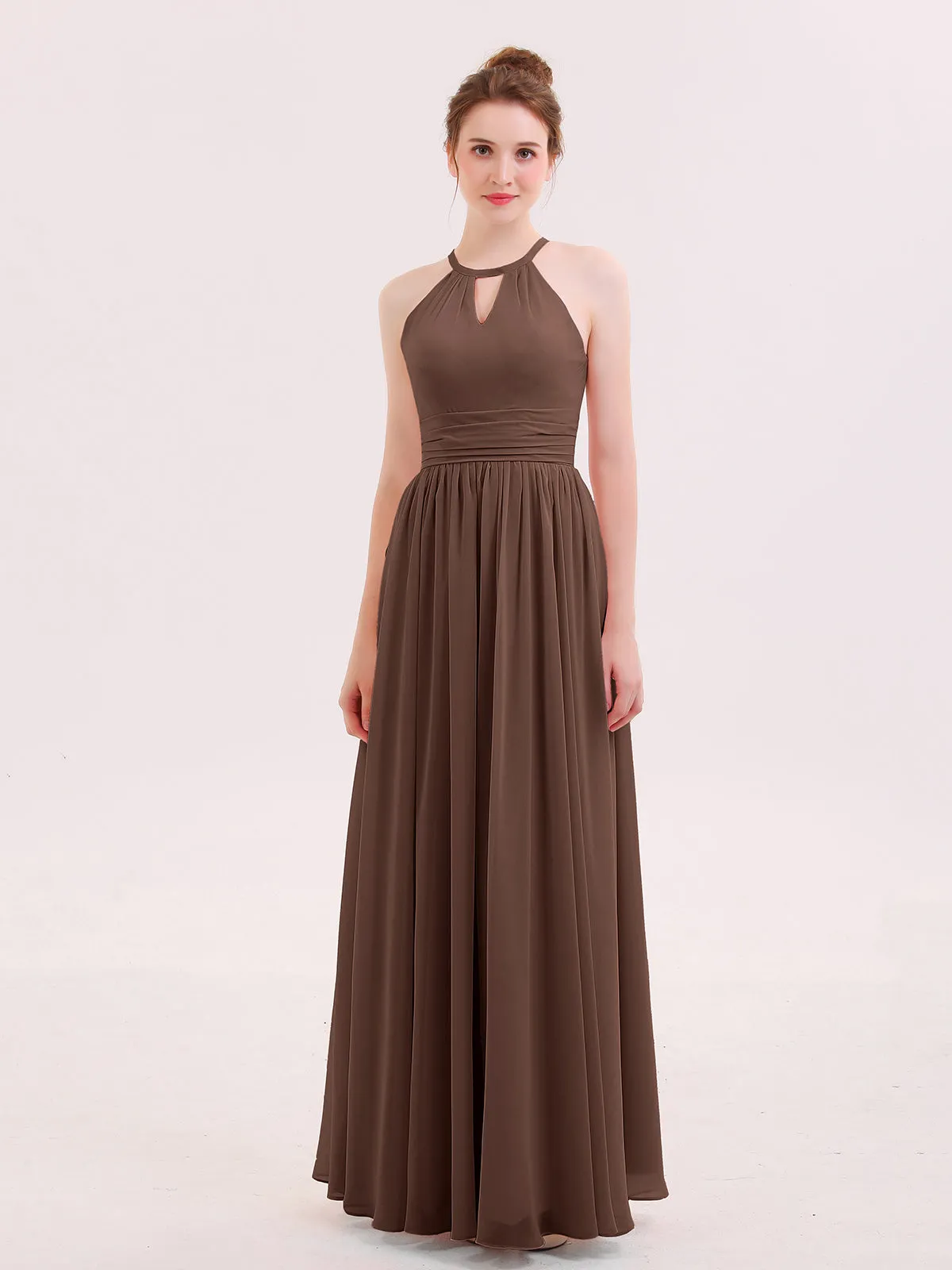 Halter Long Chiffon Dress of Bridesmaids Chocolate Plus Size