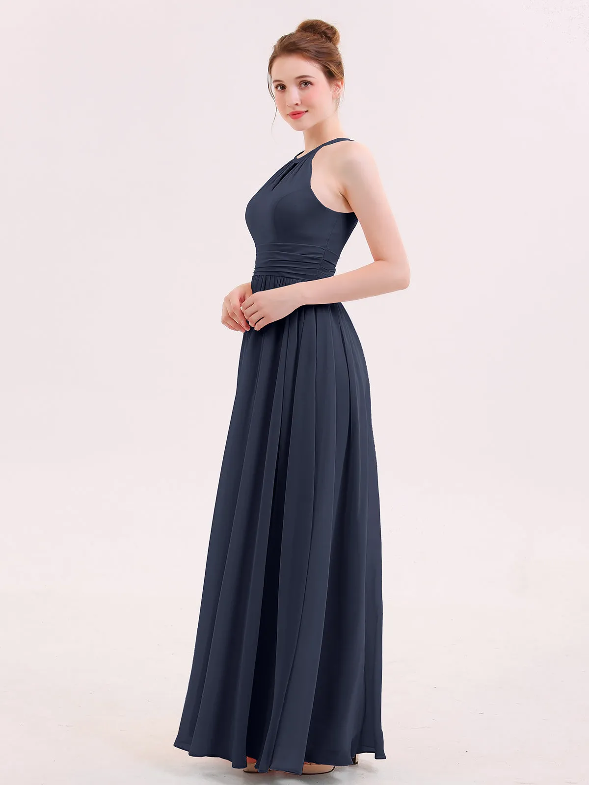 Halter Long Chiffon Dress of Bridesmaids Dark Navy