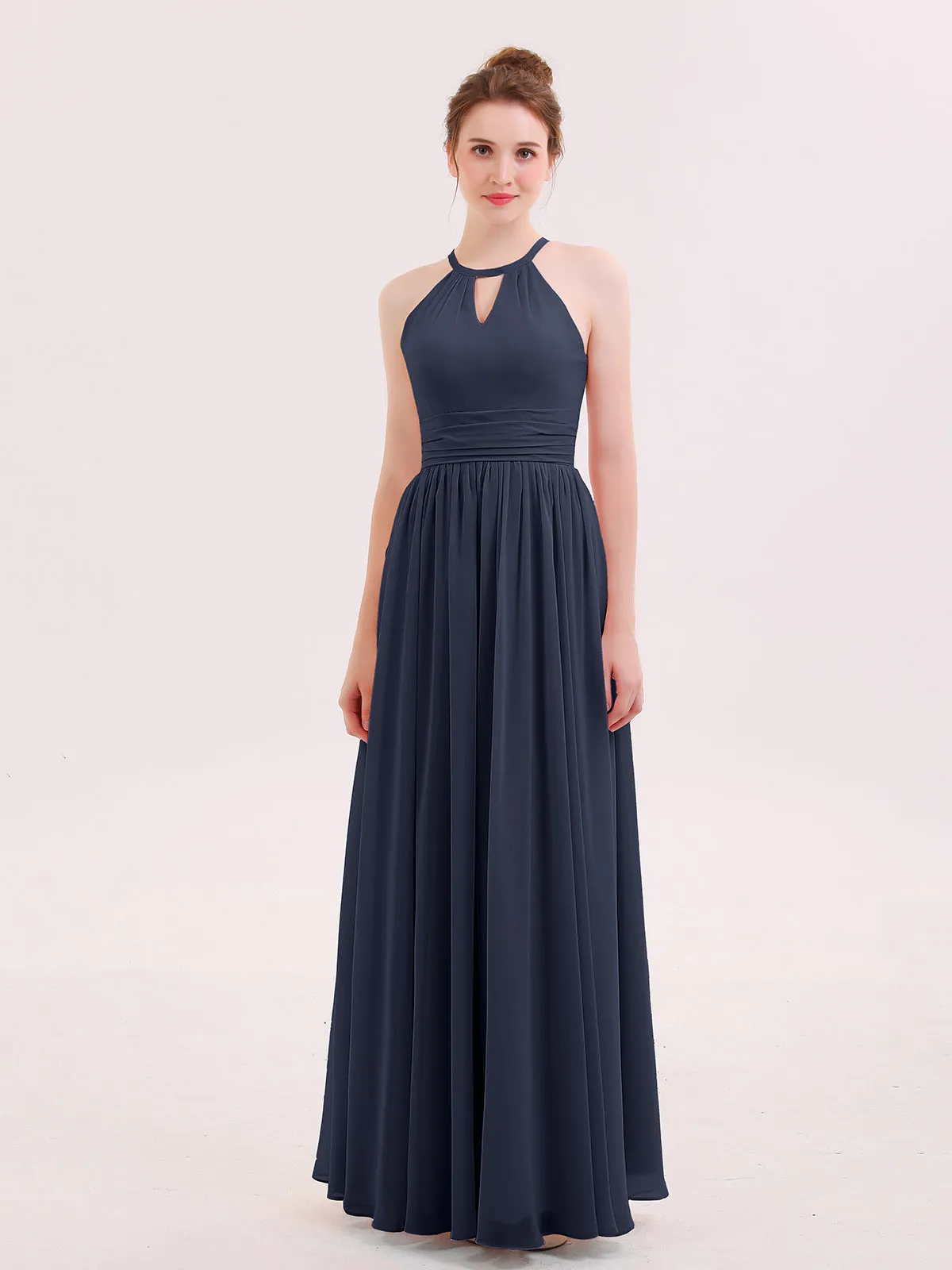 Halter Long Chiffon Dress of Bridesmaids Dark Navy