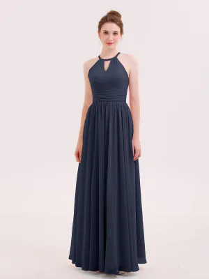 Halter Long Chiffon Dress of Bridesmaids Dark Navy