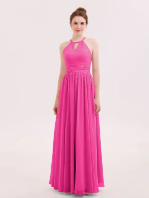 Halter Long Chiffon Dress of Bridesmaids Fuchsia Plus Size