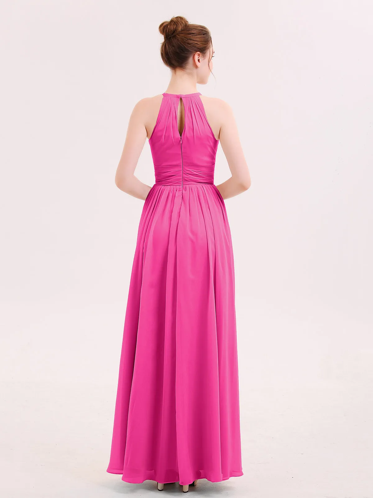 Halter Long Chiffon Dress of Bridesmaids Fuchsia Plus Size