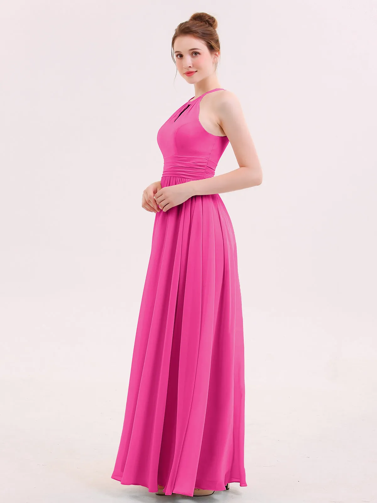Halter Long Chiffon Dress of Bridesmaids Fuchsia Plus Size
