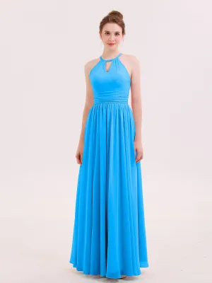 Halter Long Chiffon Dress of Bridesmaids Ocean Blue Plus Size