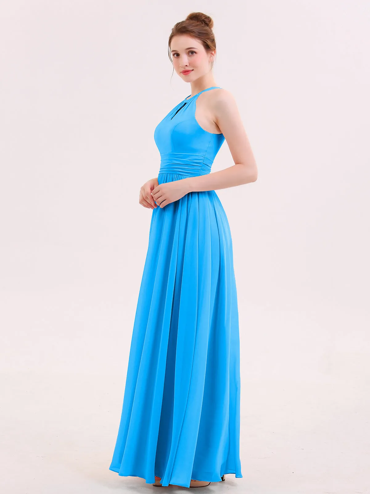 Halter Long Chiffon Dress of Bridesmaids Ocean Blue Plus Size