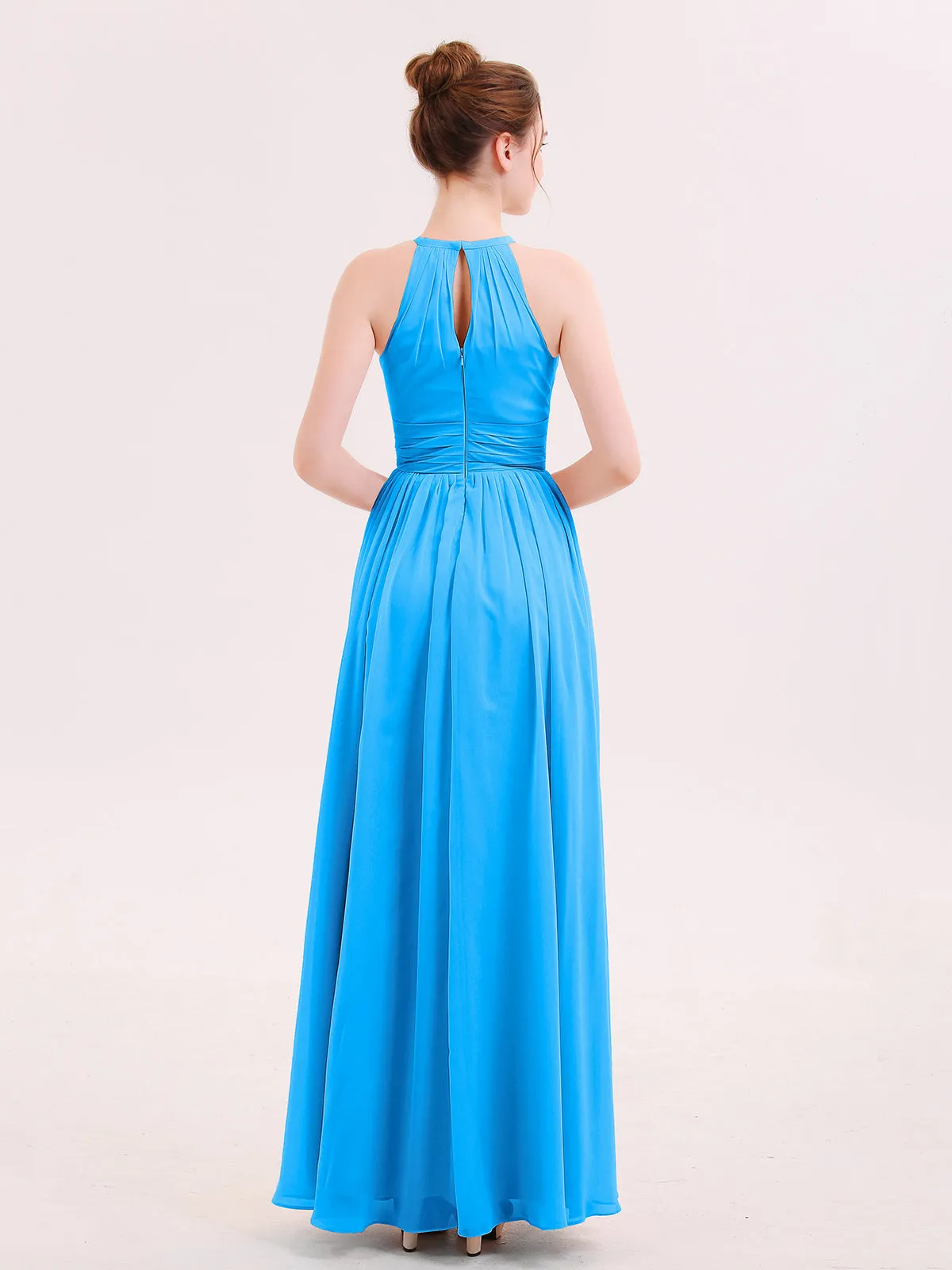 Halter Long Chiffon Dress of Bridesmaids Ocean Blue Plus Size