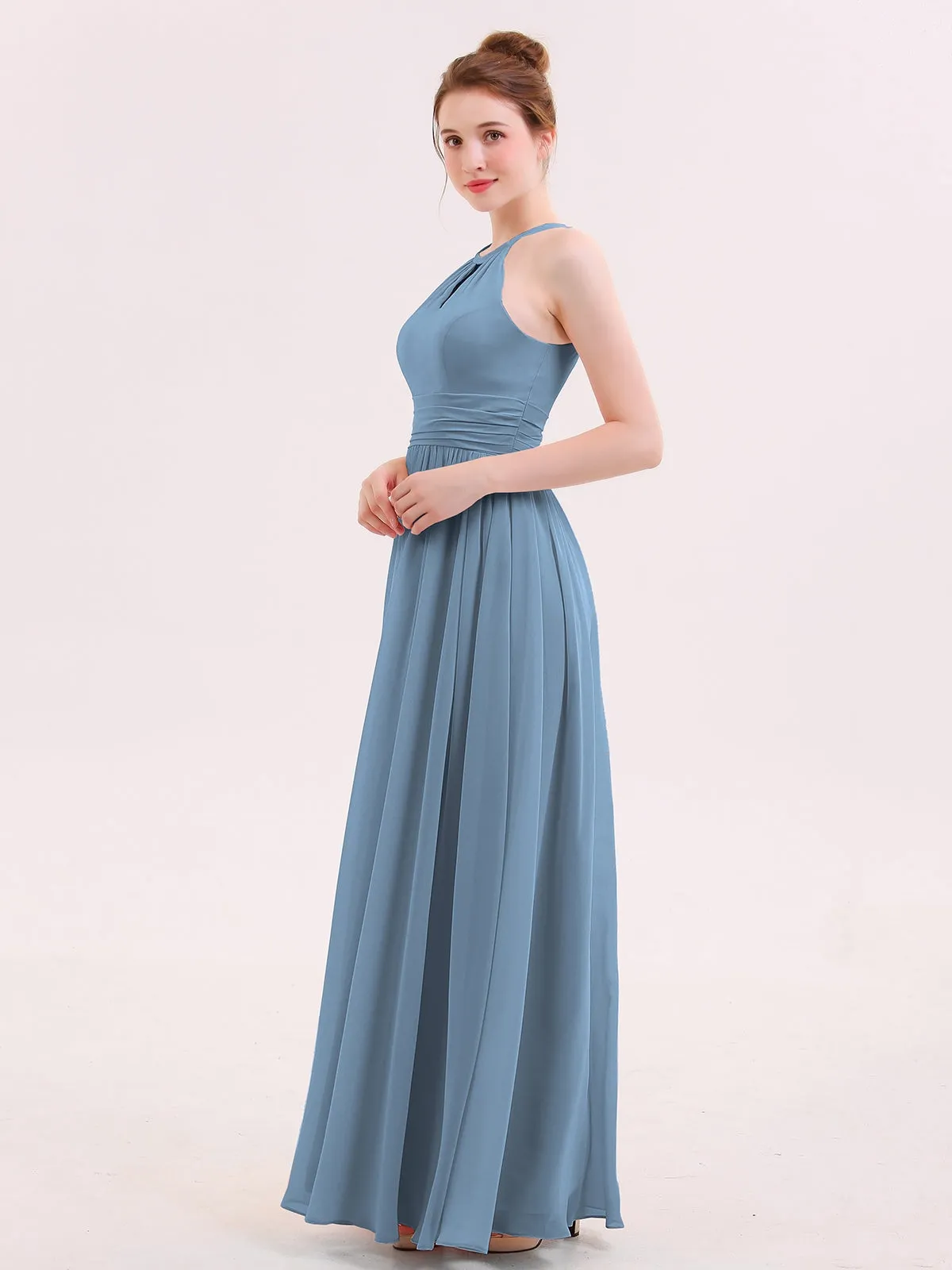 Halter Long Chiffon Dress of Bridesmaids Slate Blue Plus Size